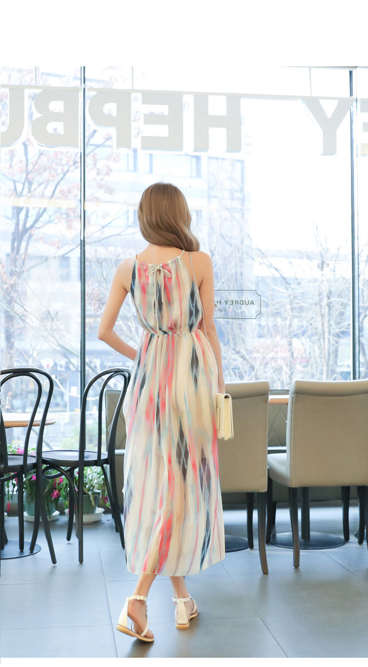 kudapy เดรสยาวไปทะเลพื้นสีครีมพิมพ์ลายทาง มีสายคล้องคอ เอวยางยืด ชุดเดรสผ้าชีผองเนื้อดีใส่สบายมากๆ