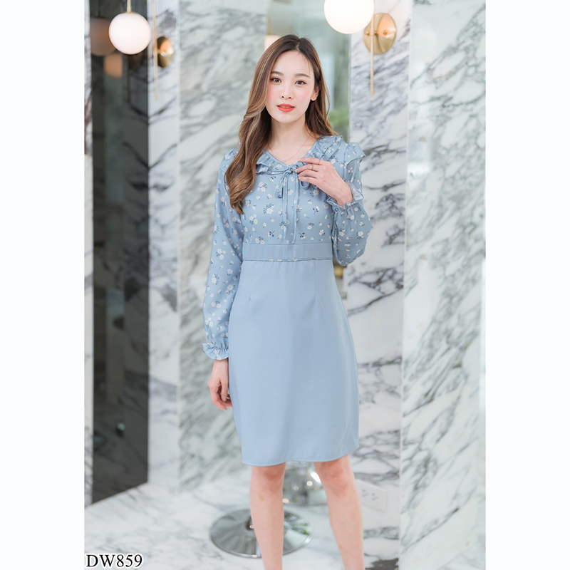 kudapy เดรสสั้นคอกลมสีฟ้า/สีชมพู/สีเขียว ใส่ทำงานแขนยาวคอระบายผูกโบว์กลางอก