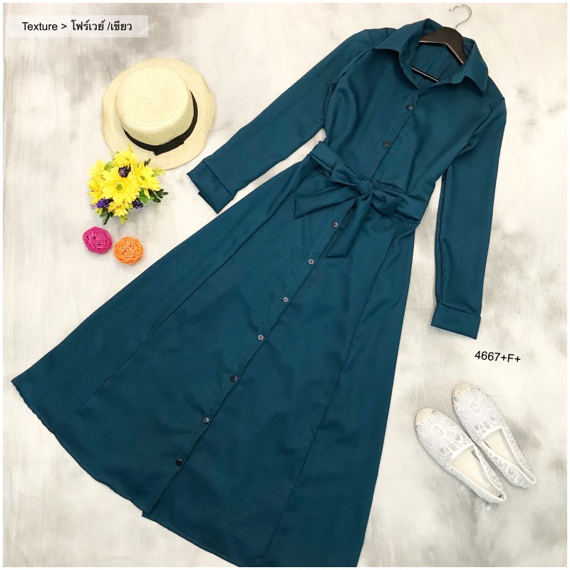 kudapy Maxi Dress แม็กซี่เดรสเชิ้ตแขนยาว สีพื้น งานเชิ้ตแต่งคอปกกระดุมช่วงหน้ายาวข้างเอวเย็บติดสายผูกเอว