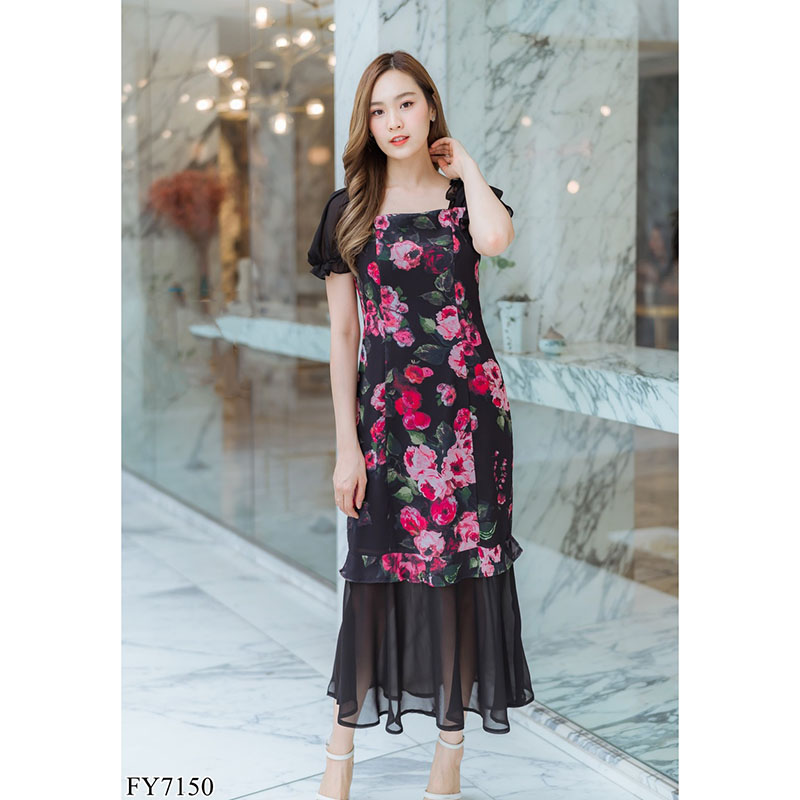 kudapy เดรสยาวสีชมพู/สีดำ แขนจั๊มลายกุหลาบชีฟอง ใส่ออกงานใส่เที่ยว เนื้อผ้าเบาสวยดูดีมากๆ