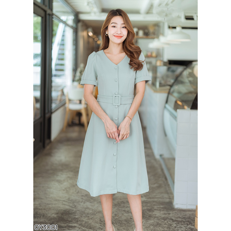 kudapy เดรสสั้นสีเขียว/กรม/ชมพู แต่งกระดุมหน้า+เข็มขัดสวยใส่แล้วดูดีมากๆ