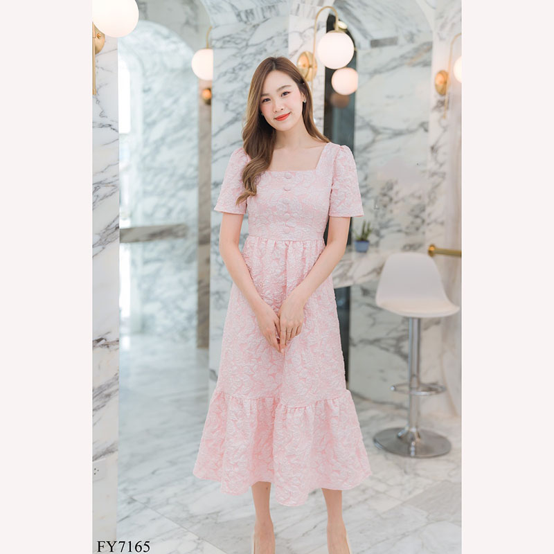 kudapyเดรสยาวสีแดง/สีชมพู/สีขาว แขนกระบอกสั้น ใส่สบายสวยดูดี