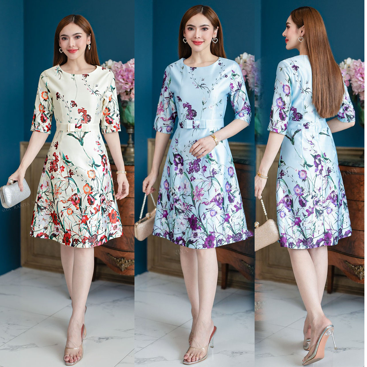 kudapy เดรสสั้นสีครีม/สีฟ้า ผ้าSatin silk งานพิมพ์ลายดอกไม้ แขนสามส่วน แต่งโบว์ที่เอวกระโปรงทรงเอ