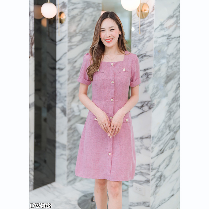 kudapy เดรสสั้นคอลึกสีน้ำตาล/สีชมพู/สีเขียว ทำงานทรงเอคอเหลี่ยมมีกระดุมกลางอก