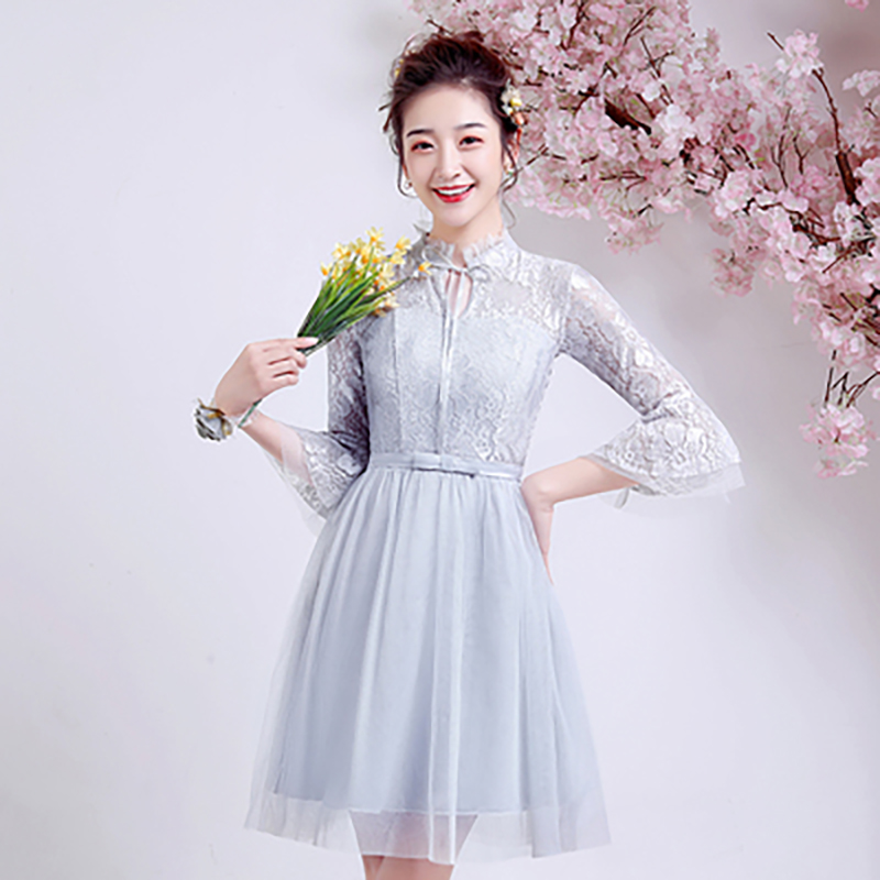 kudapy เดรสสั้นสีเทา/สีแดง/สีชมพู/สีส้ม/สีขาว ราตรีออกงานสั้นซีทรู ทรงเหมือนคอจีน