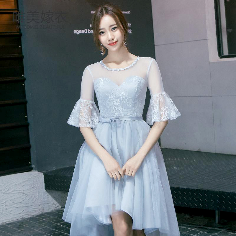 kudapy ชุดราตรีหน้าสั้นหลังยาวสีเทา แขนระบาย กระโปรงทรงบาน