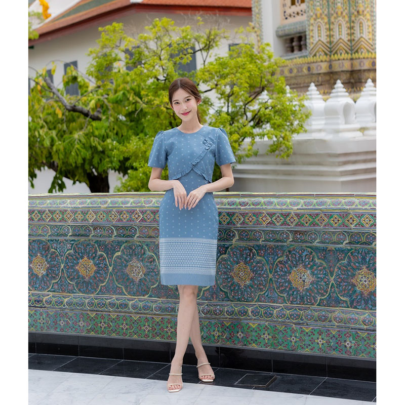 kudapy เดรสสั้นสีฟ้า ผ้าไทยวันแม่เข้ารูป ใส่ออกงาน ใส่ทำงานสวยดูดี