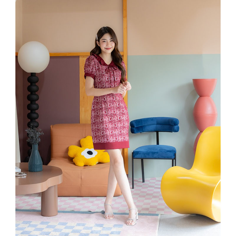 kudapy เดรสสั้นสีครีม/สีฟ้า/สีแดง ลูกไม้กะลาสีผูกโบว์