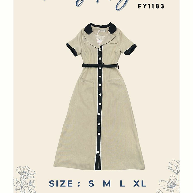 kudapy เดรสยาวสีชมพู/สีครีม/สีดำ เนื้อผ้าอย่างดี มาในทรงคลาสสิคที่ใส่ได้ตลอด สไตล์ติดกระดุมหน้า สีโทนสุภาพแต่งคอปกสุดชิค