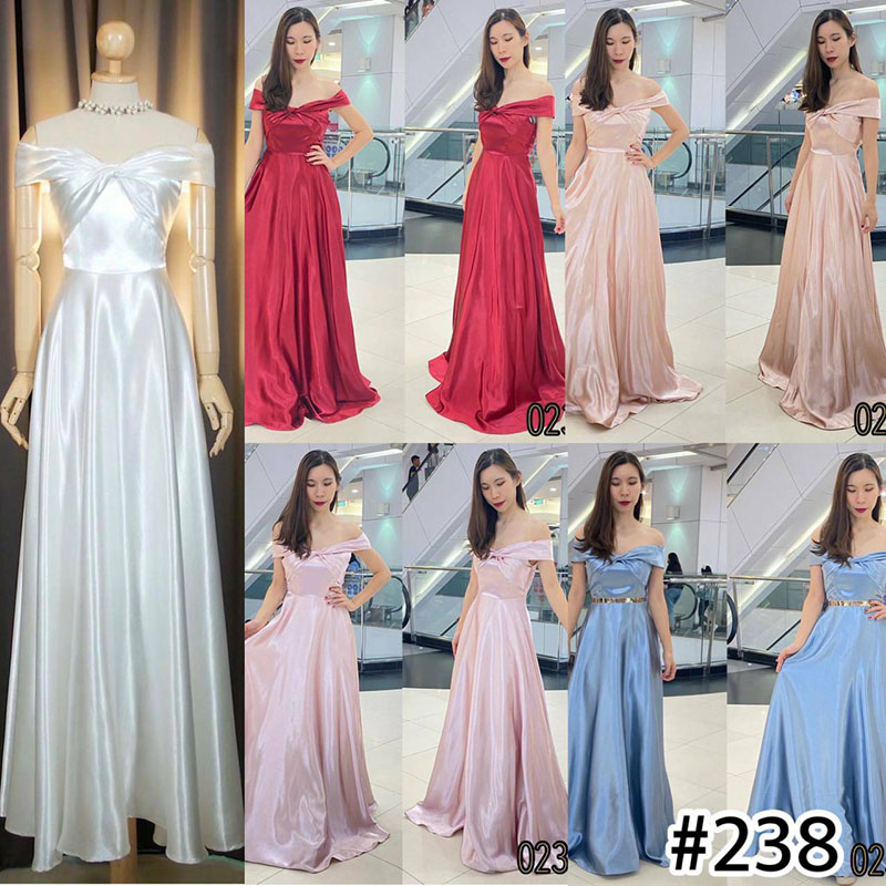 kudapy เดรสยาวสีขาว/สีฟ้า/สีแดง/สีโรสโกล/สีชมพู นื้อผ้า duchess satin เงาพริ้วสวย ผ้าทิ้งตัวมีน้ำหนัก ผ้ายืดได้ 1 นิ้ว มีซับใน