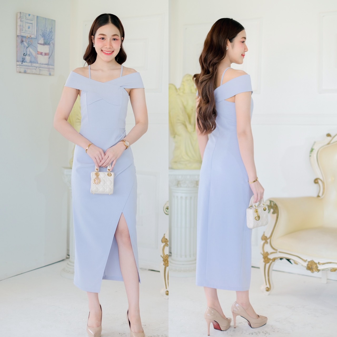 kudapy เดรสยาวสีชมพูอ่อน/ชมพูเข้ม/ครีมนู๊ด/ฟ้าเบบี้บล เปิดบ่า ทรงสอบ มีสายเดี่ยว ใส่แล้วผอม กระโปรงสอบทรงทิวลิป ยาวครึ่งแข้