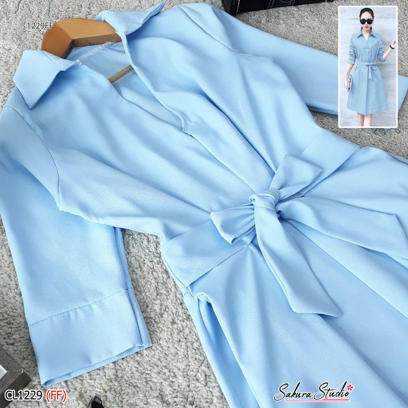 kudapy เดรสสั้นผ้าซาร่าสีพื้นปกเชิ้ต แขนศอก เอวไม่สมม๊อค มีเชือกผูกโบว์เข้ารูปสวยงาน