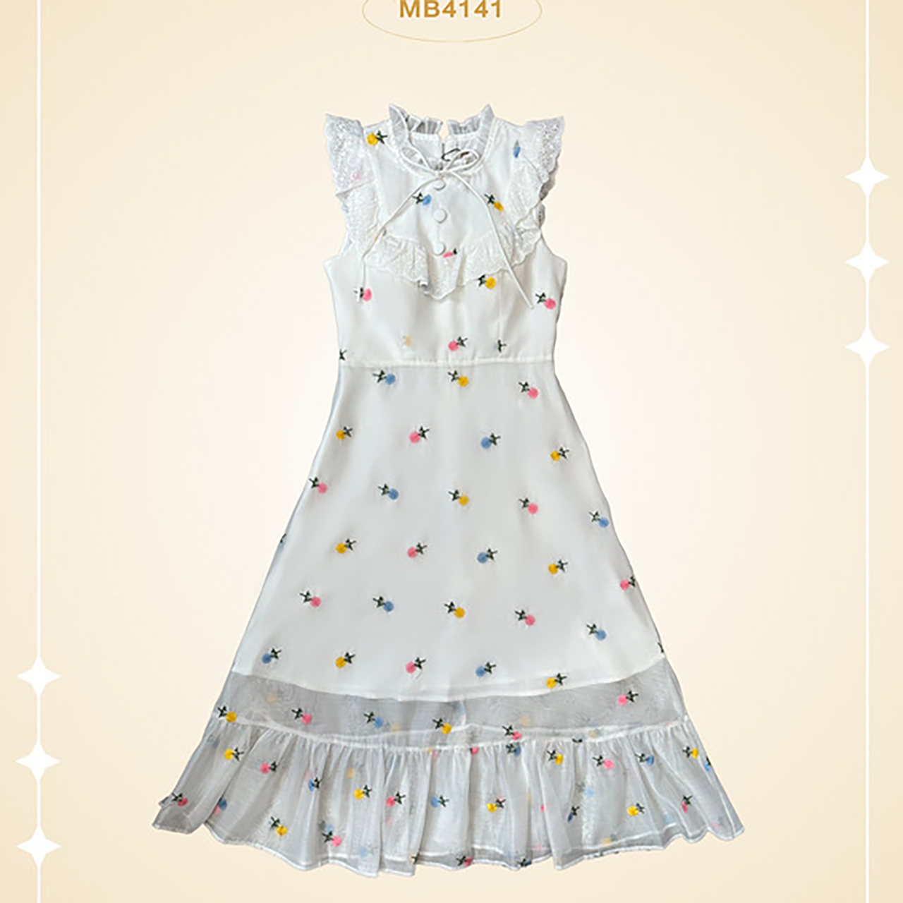 kudapy เดรสยาวสีชมพู/สีขาว คอตตอนปักแต่งผ้าฉลุ