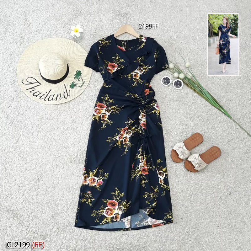 kudapy เดรสยาวสีชมพู กรม ครีม ขาว แดงผ้าวูลพีชพิมพ์ลายดอกกุหลาบ แขนบาบี้ปลายแขนจั้มยาง