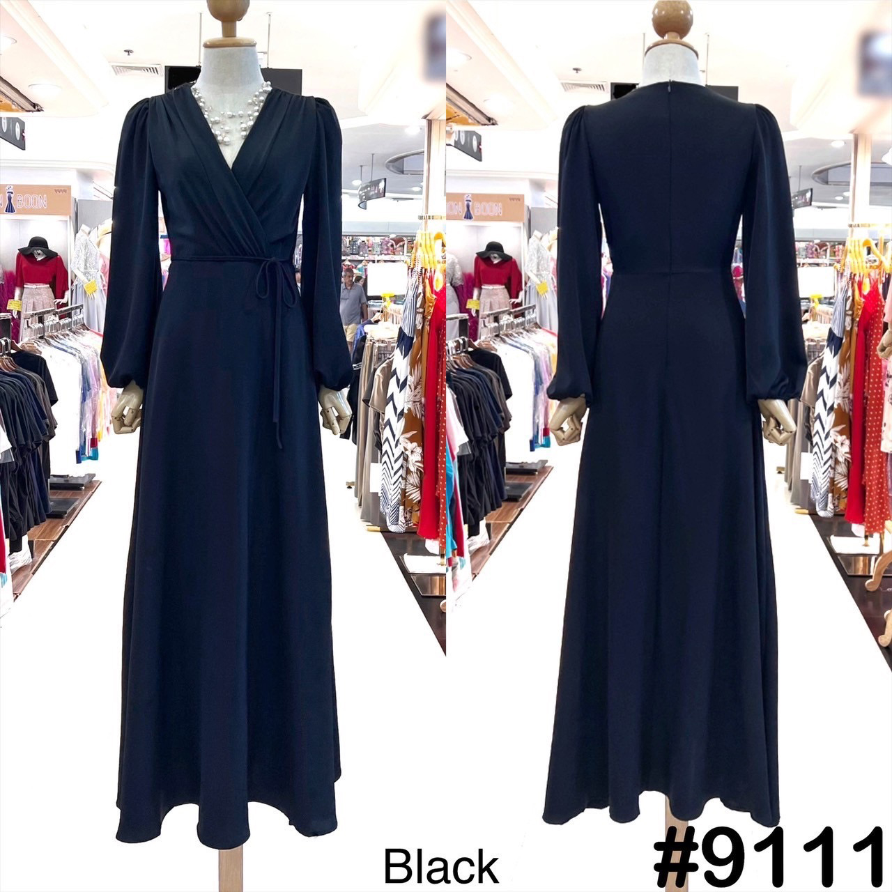 kudapy เดรสยาว/น้ำตาลอมเขียว/ชมพู/โอรส/ฟ้าอมเทา/แดง/ดำ คอวีป้ายเอว ดีเทลจับจีบ แขนยาว เพิ่มเชือกผูกเก็บช่วงเอว ผูกได้หน้า/หลัง