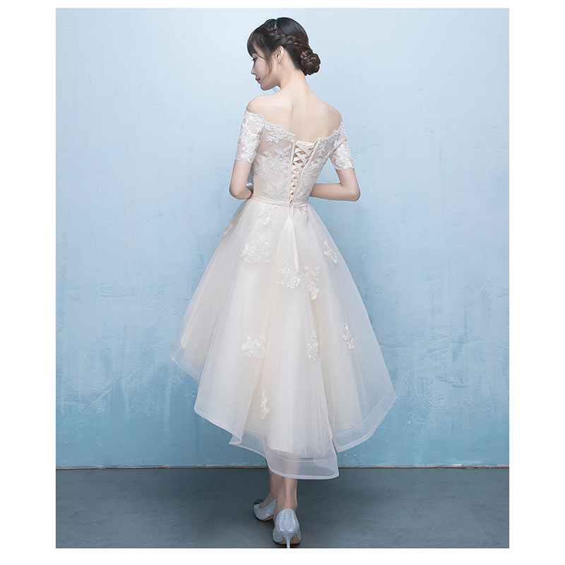 kudapy เดรสกระโปรงหน้าสั้นหลังยาวสีครีม ออกงานผ้าลูกไม้ปักสุดหรู ดีไซน์เปิดไหล่ ปิดต้นแขน