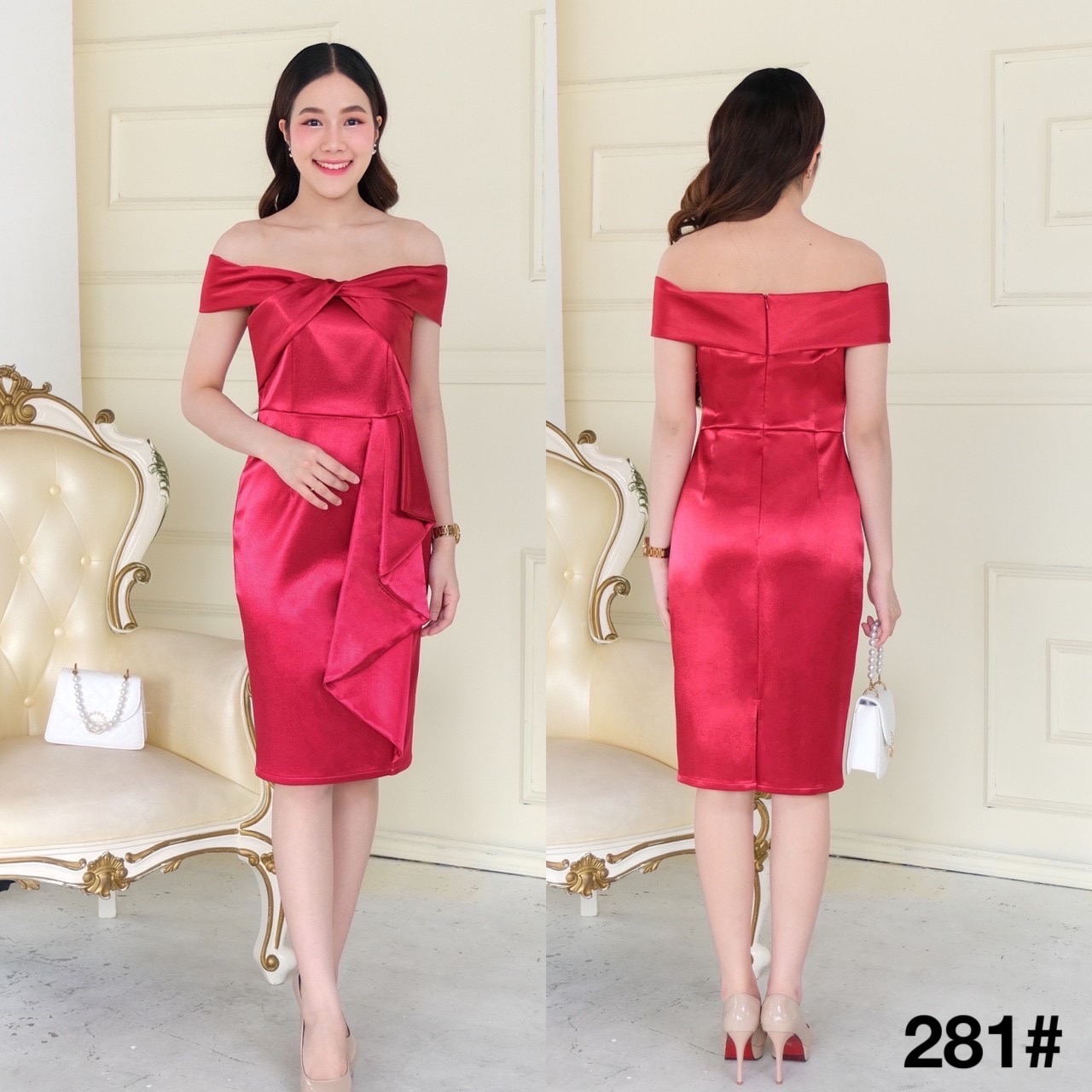 kudapy เดรสสั้นเปิดบ่าทวิชอก กระโปรงสอบ แต่งจีบสะโพก ซิปหลังใส่ง่าย เนื้อผ้าดัชเชสอัดกาว