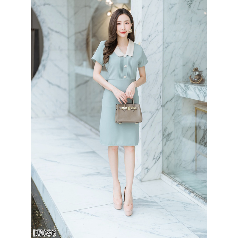 kudapy เดรสสั้นสีเขียว คอปกจีบอกเนื้อผ้าดีใส่สบาย