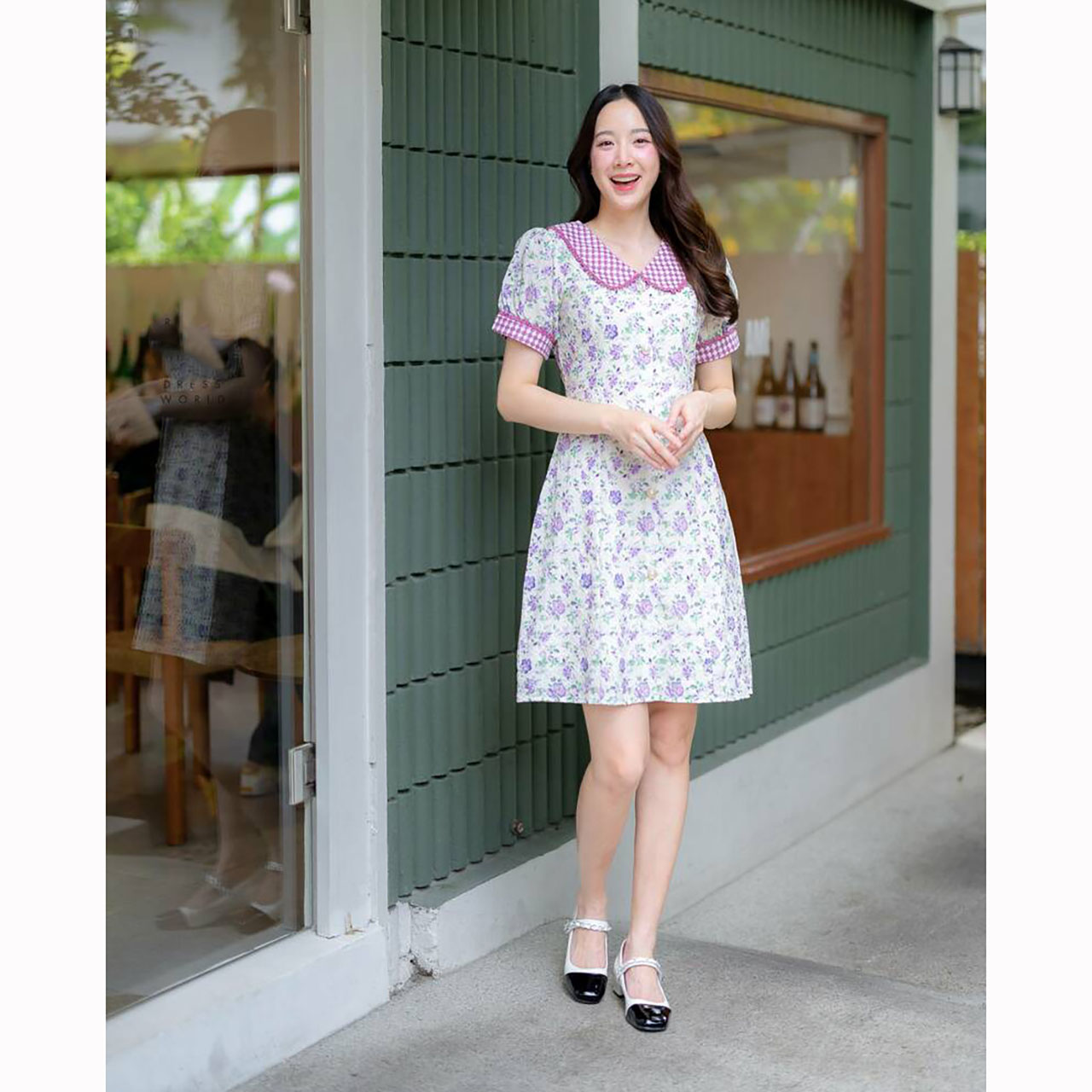 kudapy เดรสสั้นสีฟ้า/สีม่วง ผ้าฉลุคอบัวลายสก๊อต ใส่สบายสวยดูดี
