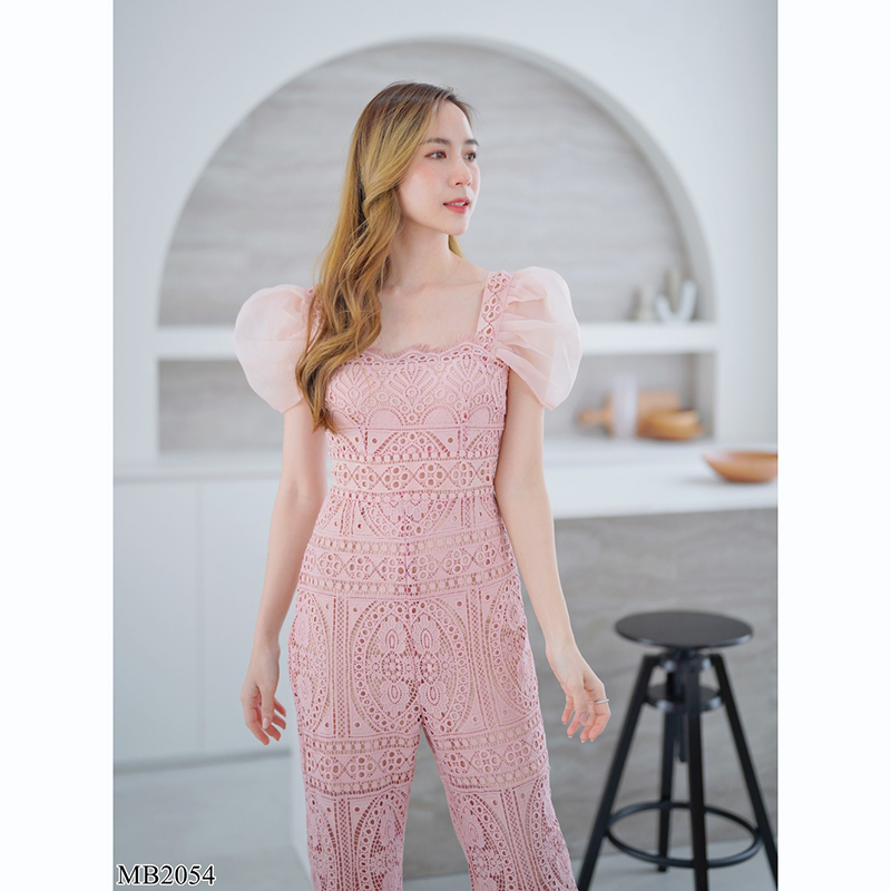 kudapy จั๊มสูทขายาวสีน้ำตาล/สีชมพู ลูกไม้แขนระบายผ้าสวยใส่สบายดูดีน่ารัก