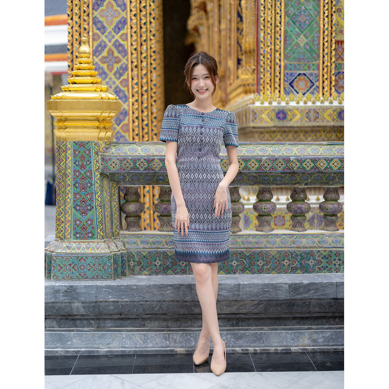 kudapy เดรสสั้นสีเหลือง/สีม่วง ผ้าทอทรงสอบ แต่งกระดุมหน้า ผ้าลายสวย ใส่สบาย ใส่ออกงาน ใส่ทำงานดูดี