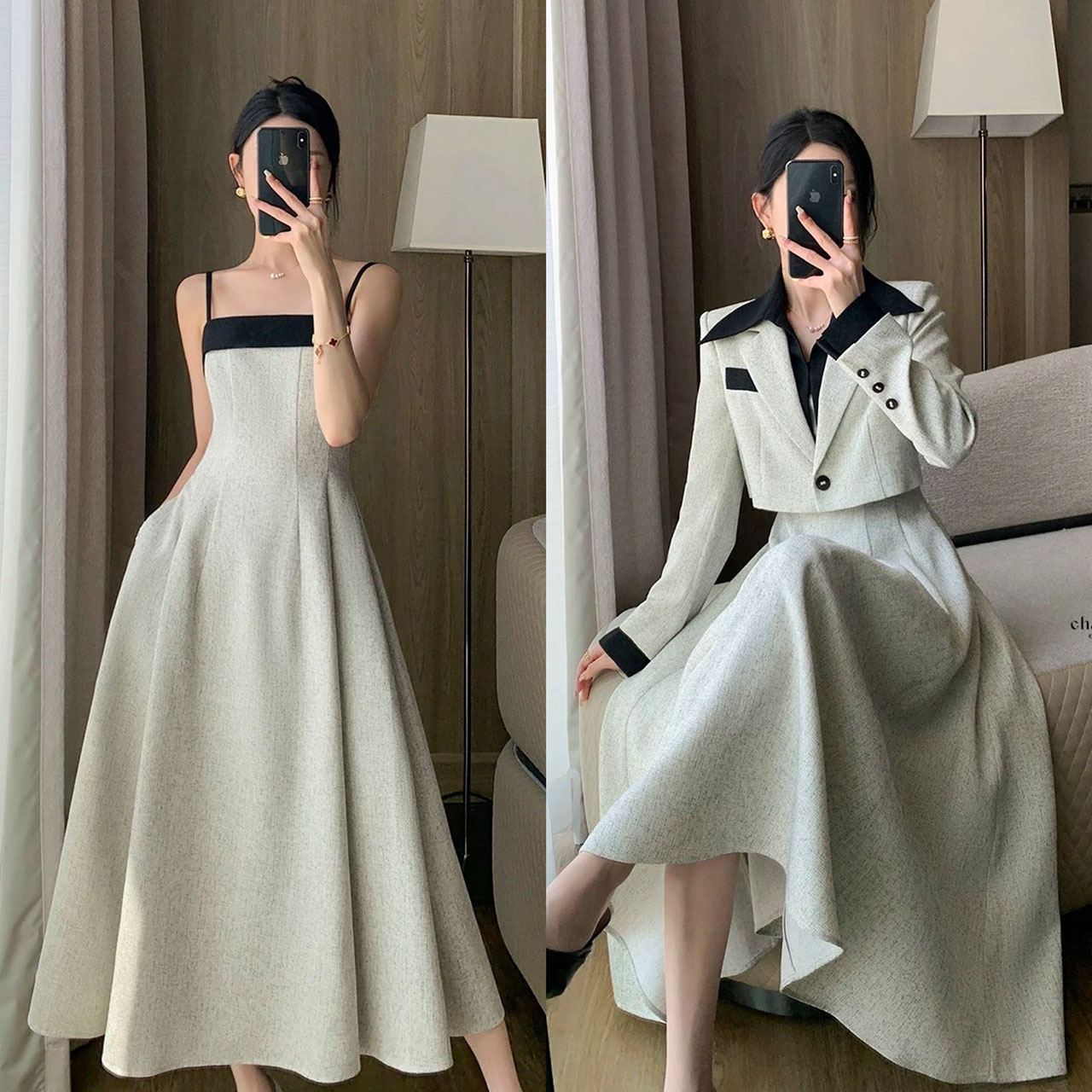kudapy เซ็ทเดรสยาว มาพร้อมกับเสื้อคลุมลุคทูโทน สวยหรูลุคคุณหนู(แถมฟรีเข็มกลัดดอกไม้)
