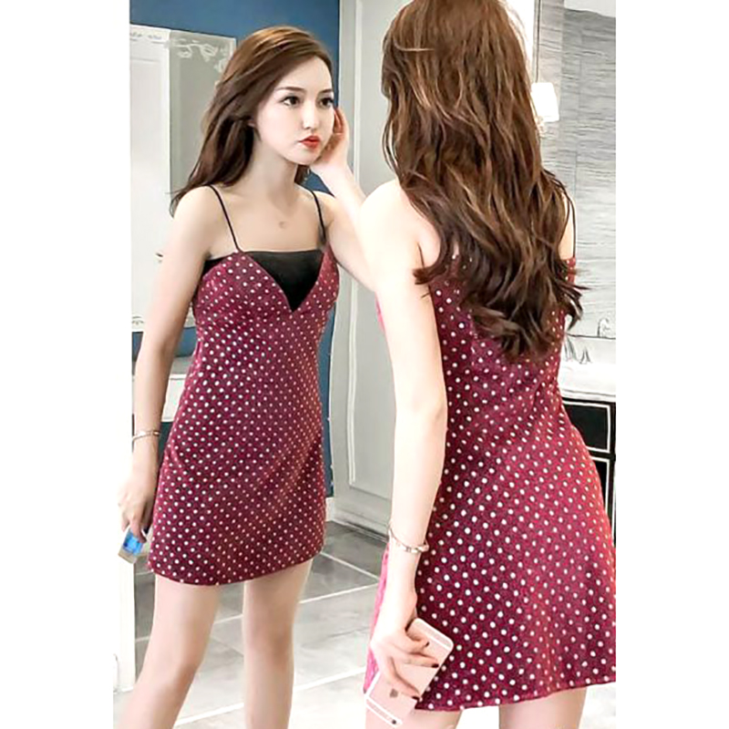 kudapy เดรสสั้นเซ็กซี่สายเดี่ยวสีแดงลายจุดผ้าวิ้งค์สวยเซ็กซี่เบาๆ