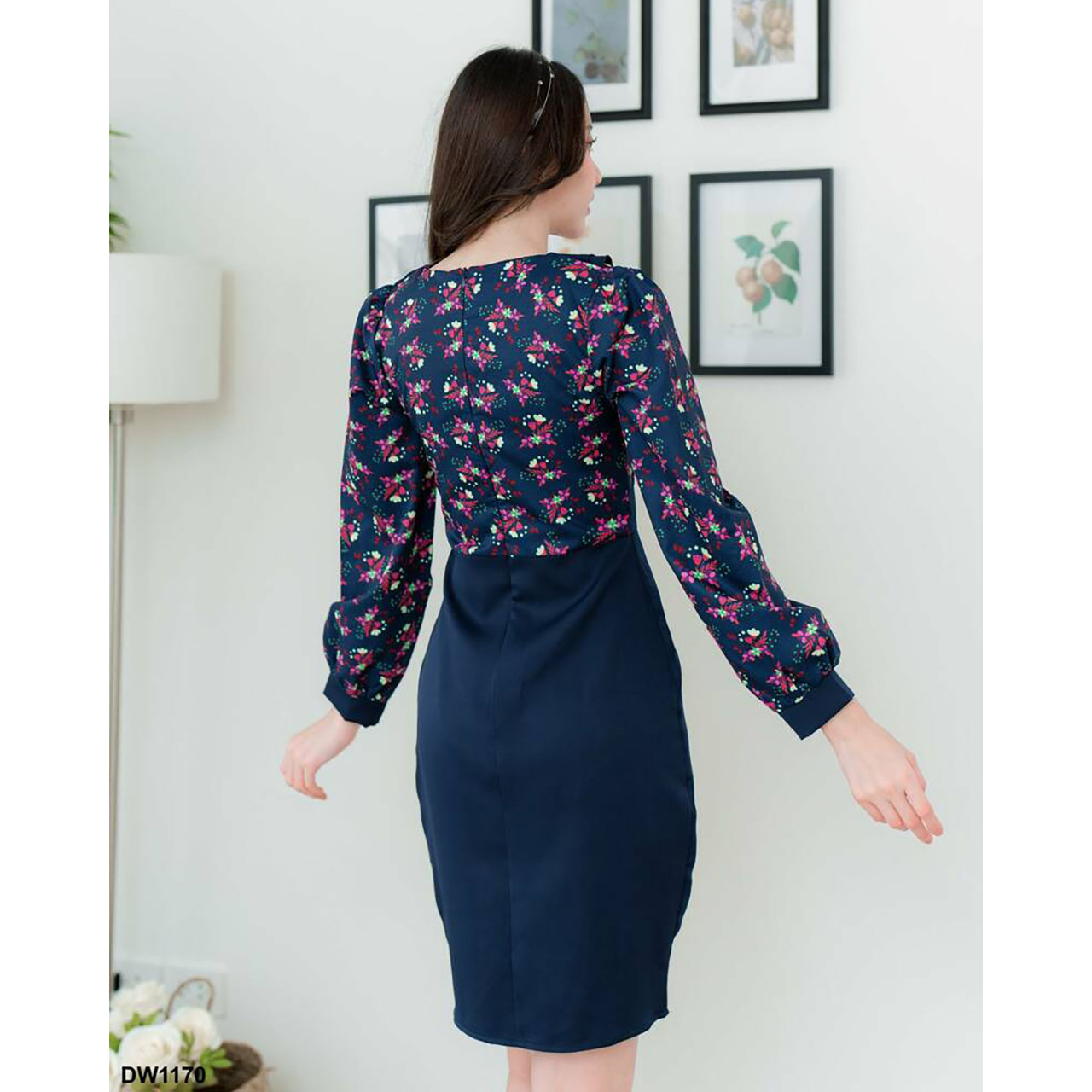 kudapy เดรสสั้นสีชมพู/สีกรม/สีม่วง แขนยาวลายดอก