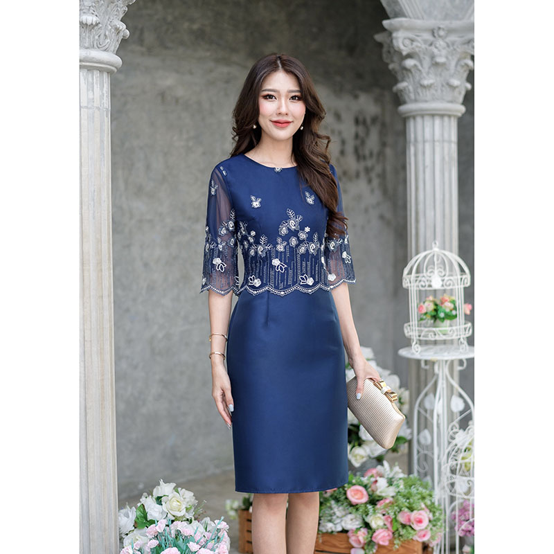 kudapy เดรสสั้นสีกรม/สีม่วงเผือก ผ้าไหมลูกไม้ปักลายเชิงสวยหวาน ดีไซน์เย็บคลุมด้วยเสื้อลูกไม้แขนศอกด้านบน