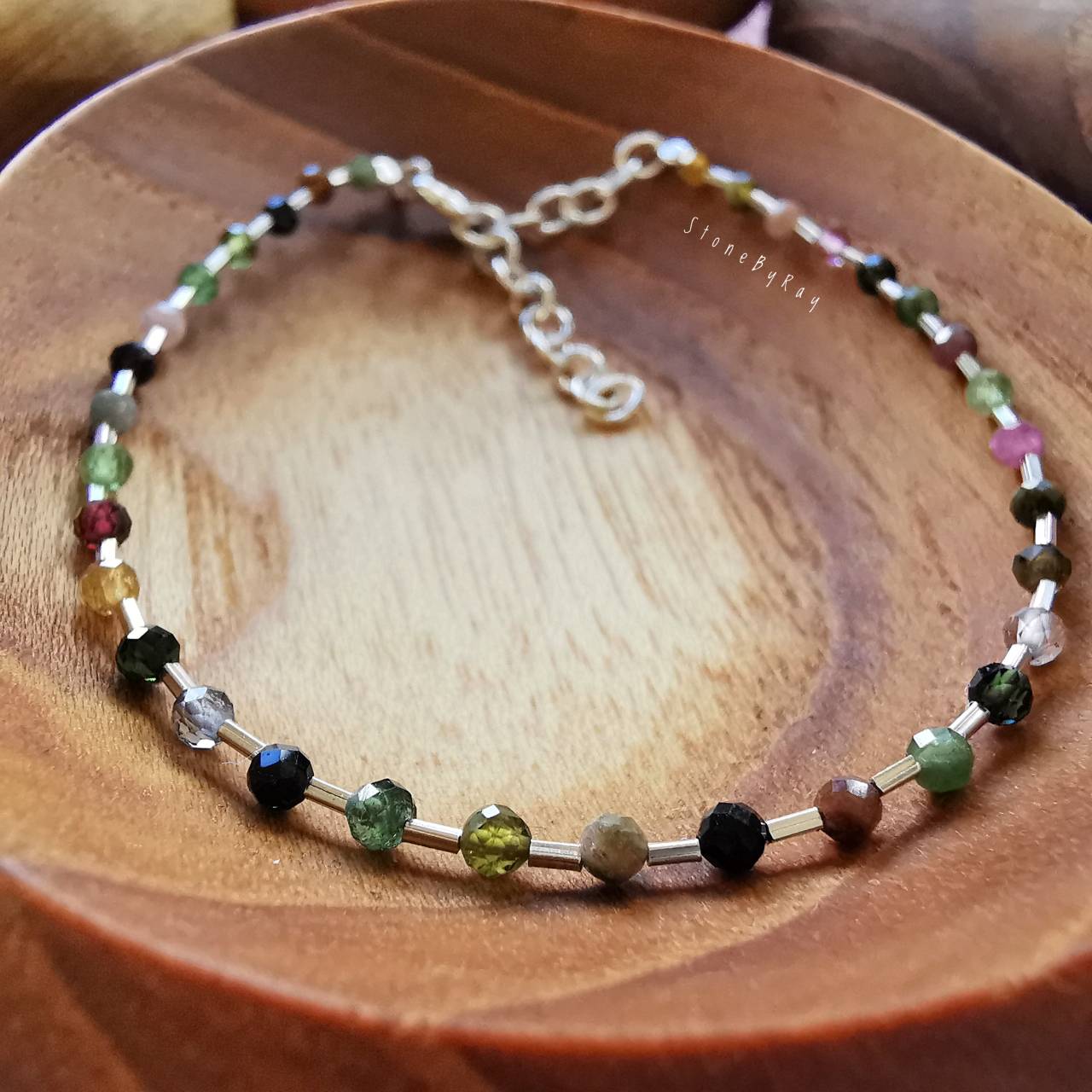 สร้อยข้อมือเงินหินทัวมาลีนเจียรเหลี่ยม(Tourmaline)