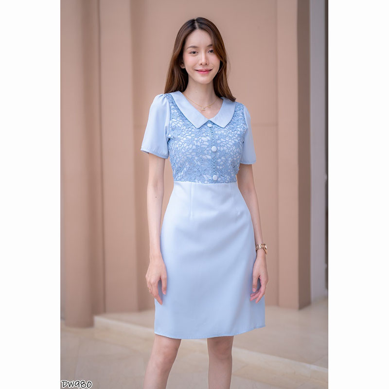 kudapy เดรสสั้นสีชมพู/สีฟ้า ผ้าทออกลูกไม้ ใส่ออกงานสวยดูดี น่ารัก