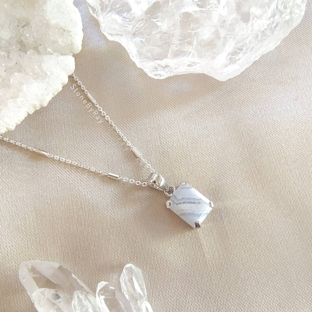 สร้อยคอเงินจี้หินบลูเลซอาเกต Blue Lace Agate