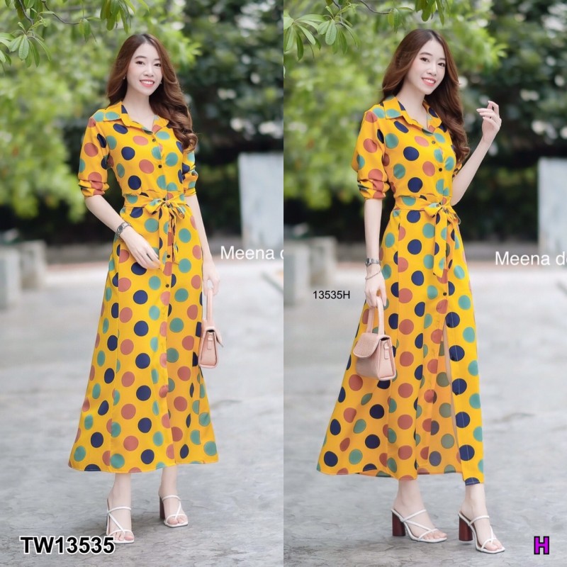 kudapy เดรสยาวสีขาว/สีส้มอิฐ/สีเหลือง ปกเชิ้ต ติดกระดุมด้านหน้า แขนยาว มีโบว์ผูกเอว เนื้อผ้าไหมญี่ปุ่นพิมพ์ลายจุดใหญ่