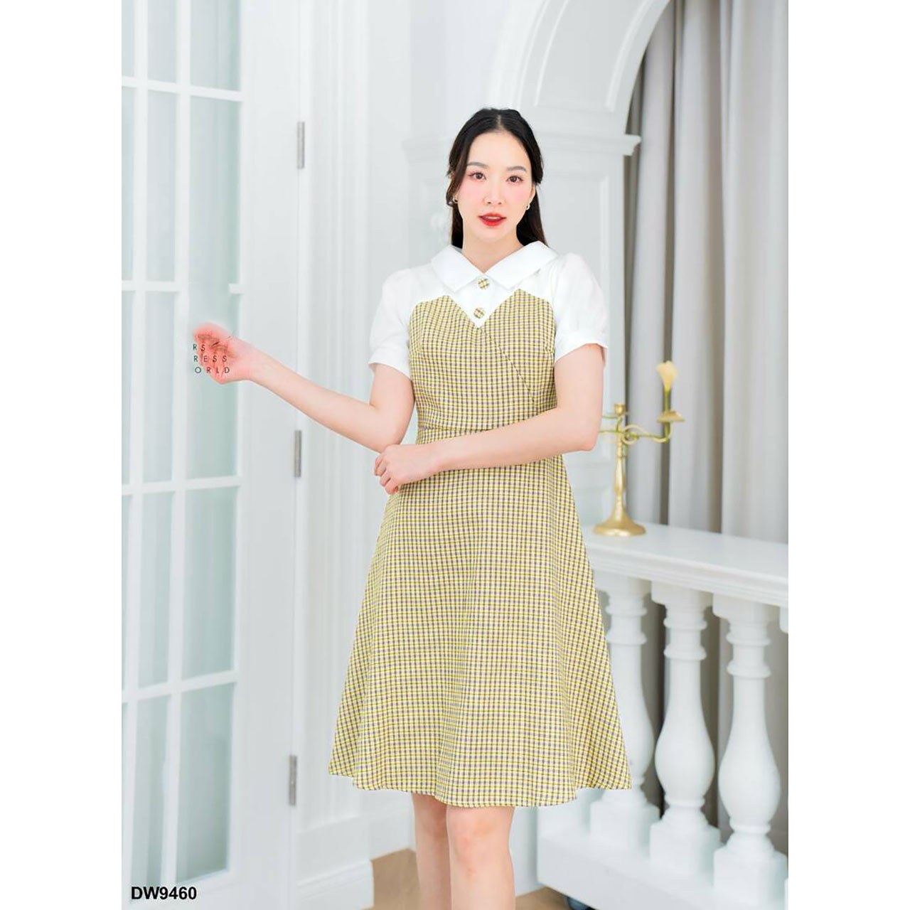 kudapy เดรสสั้นสีกรม สีเหลือง สีชมพู ผ้าลายสก็อตแต่งกระดุม แขนสั้น ใสเที่ยว สวยดูดีมาก