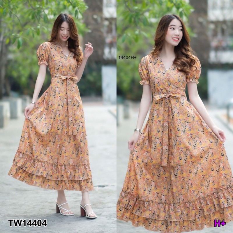 kudapy เดรสยาวสีดำ/สีน้ำตาล/สีเหลือง แขนตุ๊กตา คอวี ผูกโบว์เอว ชายเดรส2ชั้นแต่งระบายๆ