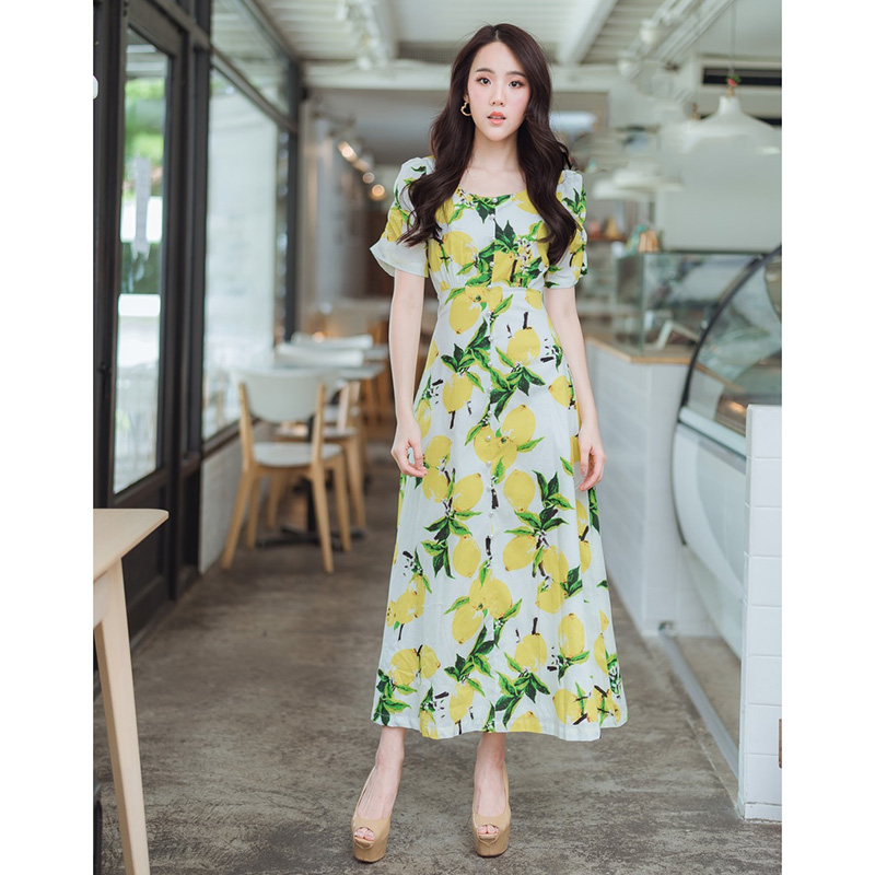 kudapy เดรสยาวพิมพ์ลายดอกสีกรม,สีขาว ลายมะนาวผ้าใส่สบายสวยดูดีมากๆ