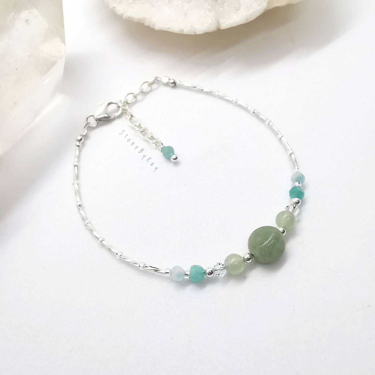 สร้อยข้อมือเงินหินอมาโซไนท์+หยก Amazonite+Jade
