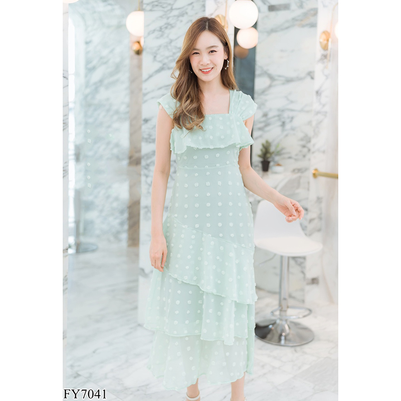 kudapy เดรสยาวสีชมพู/สีขาว/สีเขียว ชีฟองจุดอกระบาย