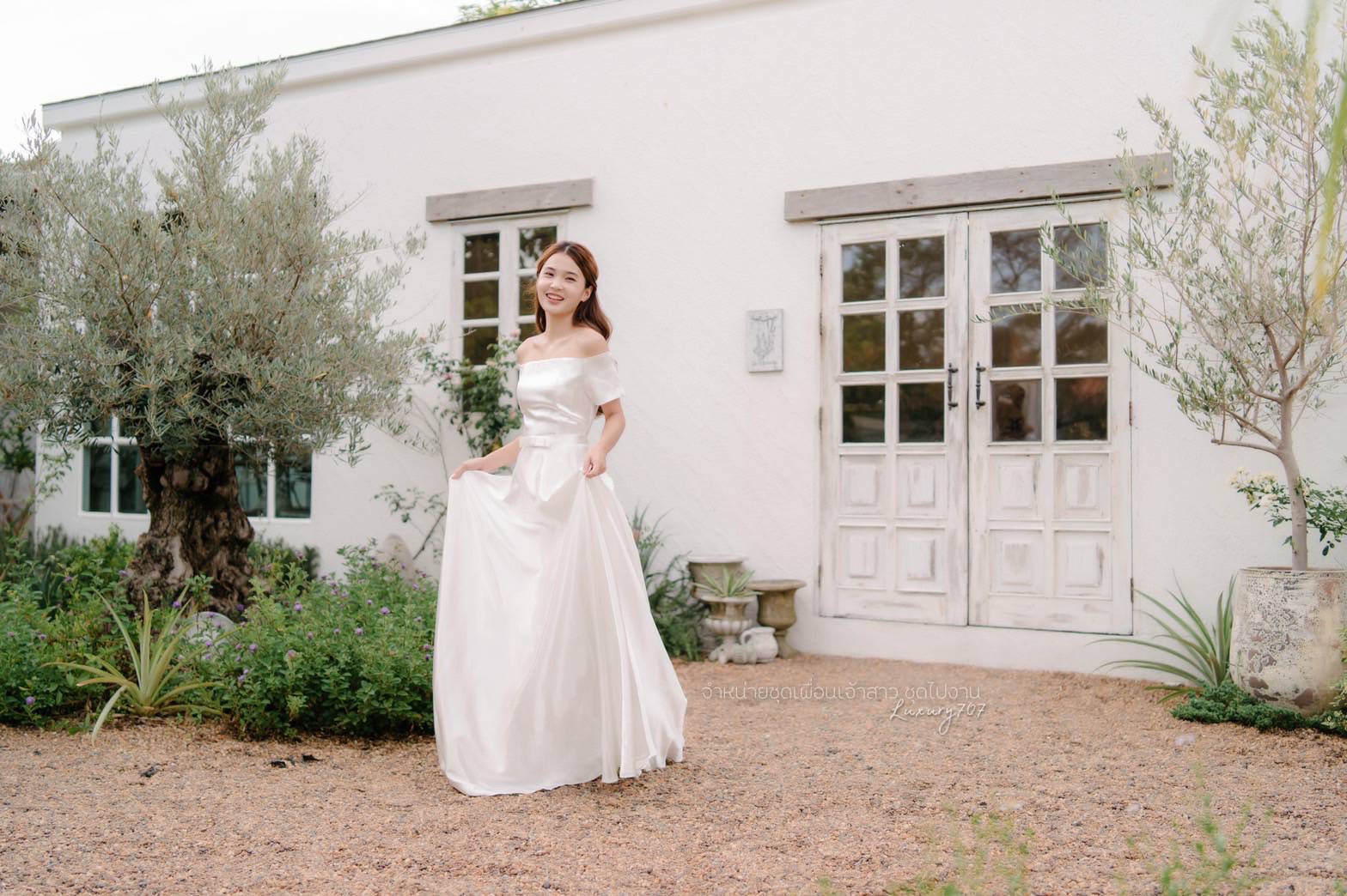 kudapy เดรสยาวสีขาว แขนสั้นจีบทิวลิป ใส่ได้สองแบบ เปิดบ่า ใส่ออกงาาน ชุดเจ้าสาว