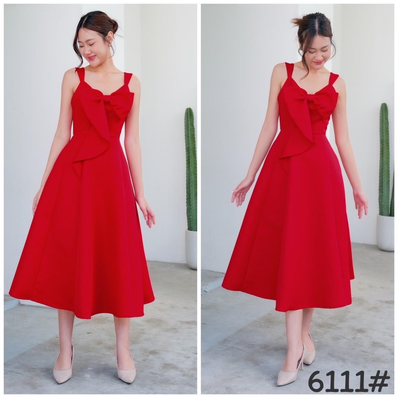 kudapy เดรสยาว แขนกุด อกโบว์ เกาหลี กระโปรงบาน มีกระเป๋าข้าง