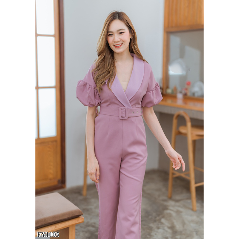 kudapy จั้มสูทขายาวสีชมพู/สีน้ำตาล คอปกแขนตุ๊กตากางเกงขายาวบาน