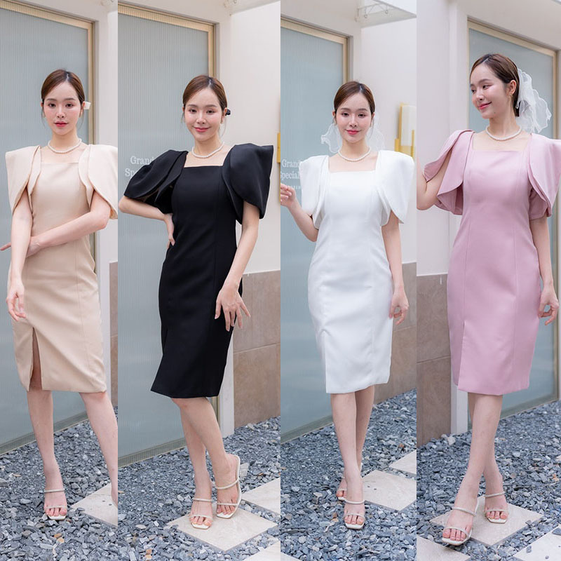kudapy เดรสสั้นสีดำ/สีขาว/สีชมพู/สีครีม ไหล่ตั้ง+สร้อยมุก ใส่ออกงานสวยดูดี
