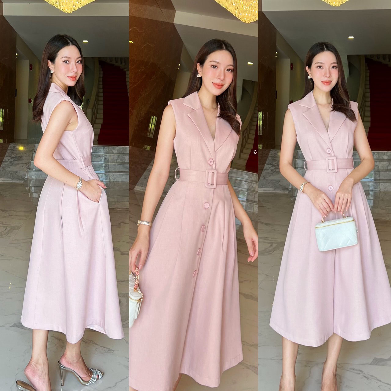 kudapy เดรสยาวสีชมพู/สีครีม สูททรงสวยคลาสสิค ผ้านุ่มใส่สบาย เดรสมีซับในทั้งตัว กระดุมจริง