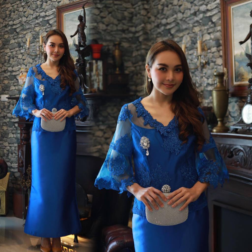 kudapy เซทเสื้อแขนระบาย+กระโปรงผ้าไหมอิตาลี ทรงหางปลา สวยมาก