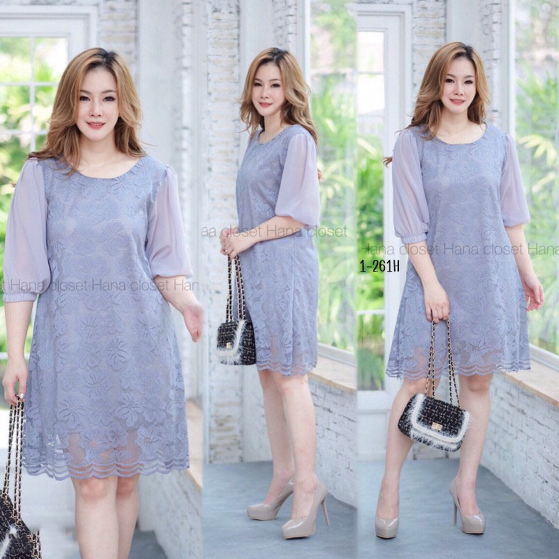 kudapy เดรสสั้นผ้าลูกไม้คอกลม แขนชีฟร็องสามส่วน ทรงเอ ผ้าลูกไม้เนื้อนิ่ม ใส่สบาย มีซับทั้งชุด