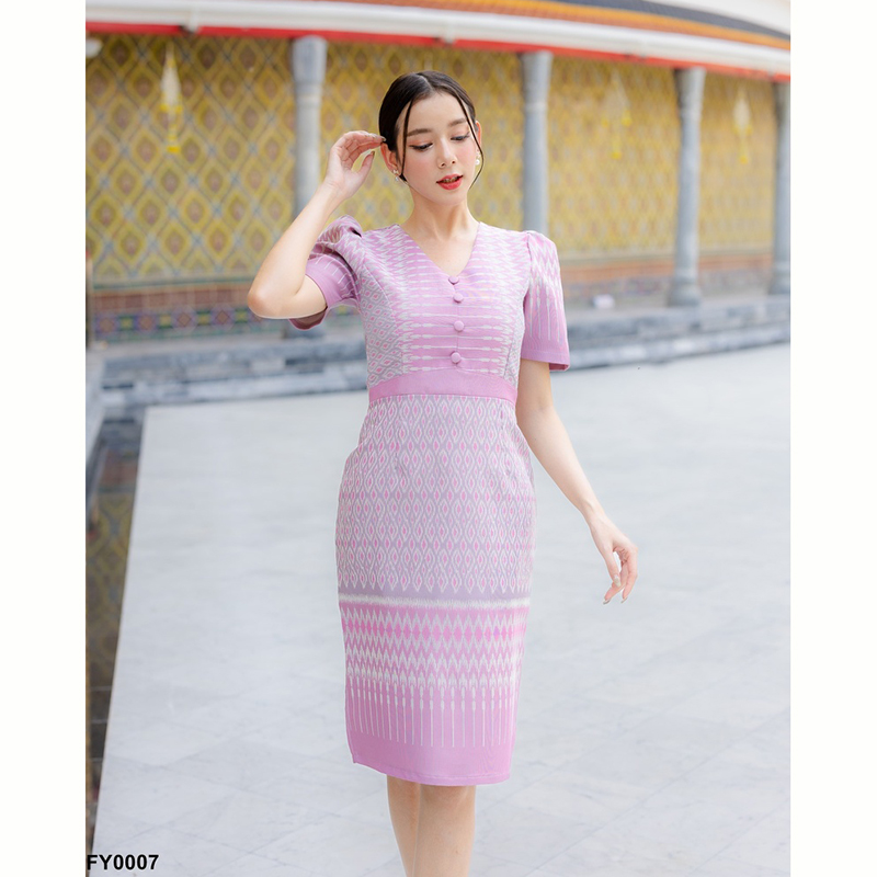 kudapy เดรสสั้นสีกรม/สีชมพู/สีเหลือง ผ้าทอไทยประยุกต์ งดงามแบบฉบับหญิงไทยสมัยใหม่ ดูน่ามอง คอวี ทรงสวย เรียบร้อย สีละมุน