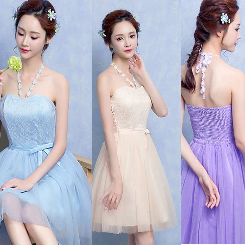 kudapy ชุดราตรีสั้นใส่ออกงาน สีครีมเบจ/สีฟ้า/สีม่วง มีสายผูกคอลายลูกไม้ เดรสเกาะอก หลังสม็อคยืดได้
