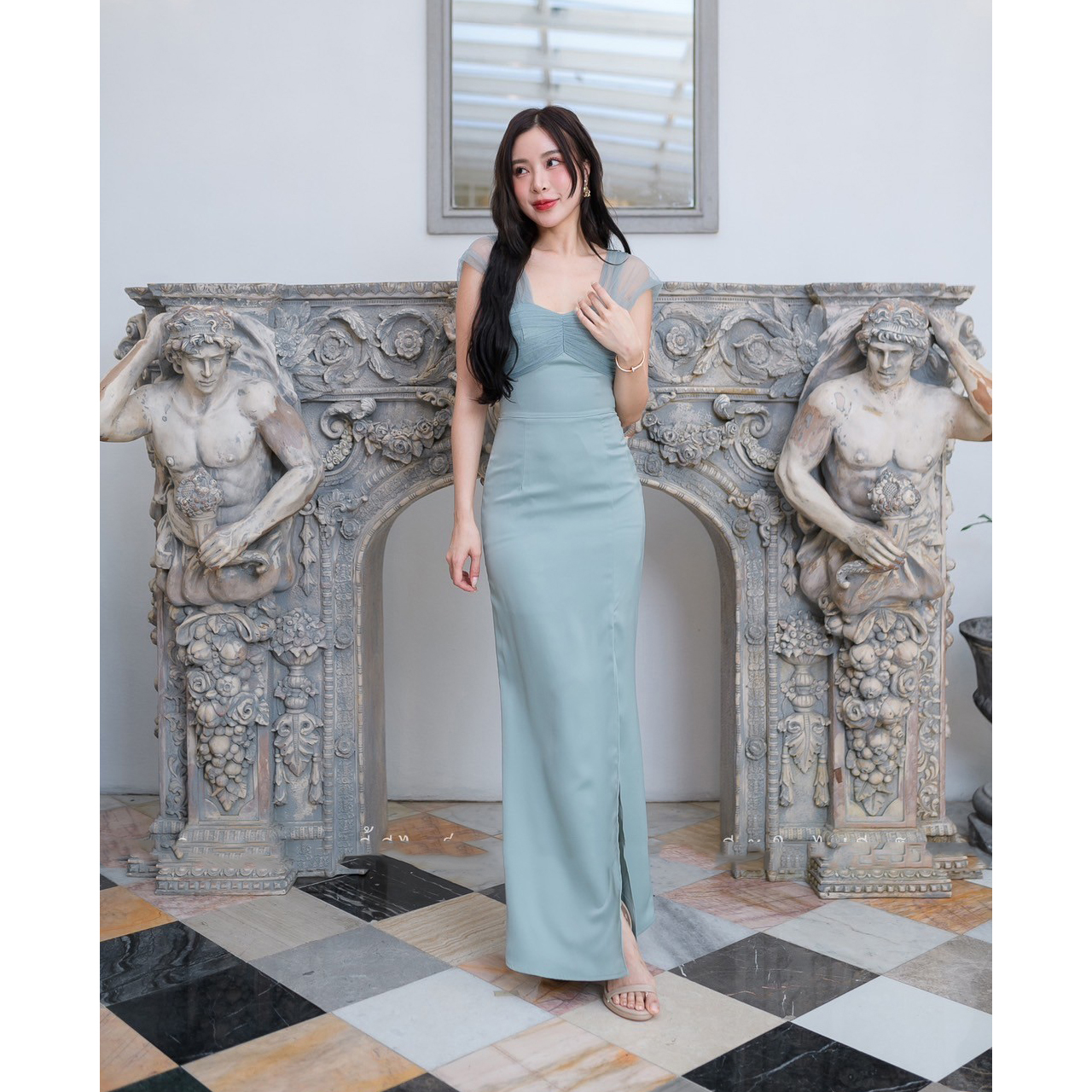 kudapy เดรสยาวสีน้ำตาลคาราเมล/สีเขียวพาสเทล/สีชมพู ไกล่แต่งผ้าซีทรู กระโปรงผ่าหน้า เดรสยาวออกงาน