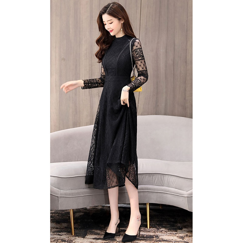 kudapy เดรสลูกไม้สีดำ แขนยาว กระโปรงทรงบานคลุมเข่า แนวเรียบหรู สวยสง่า ใส่ดูดี