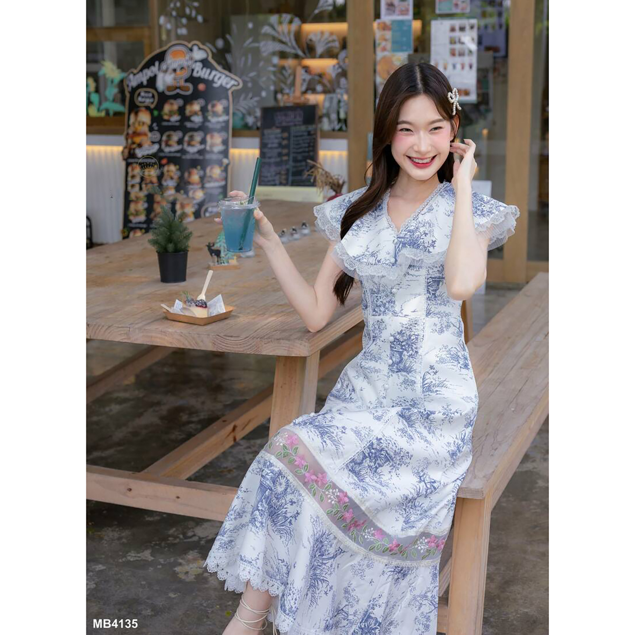 kudapy เดรสยาวสั้นสชมพู/สีฟ้า คอปกแต่งระบาย